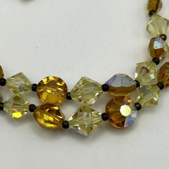 Vintage Two Strand Amber Yellow Aurora Borealis Glass Bead Facet Necklace 1950s - Picture 6 of 12